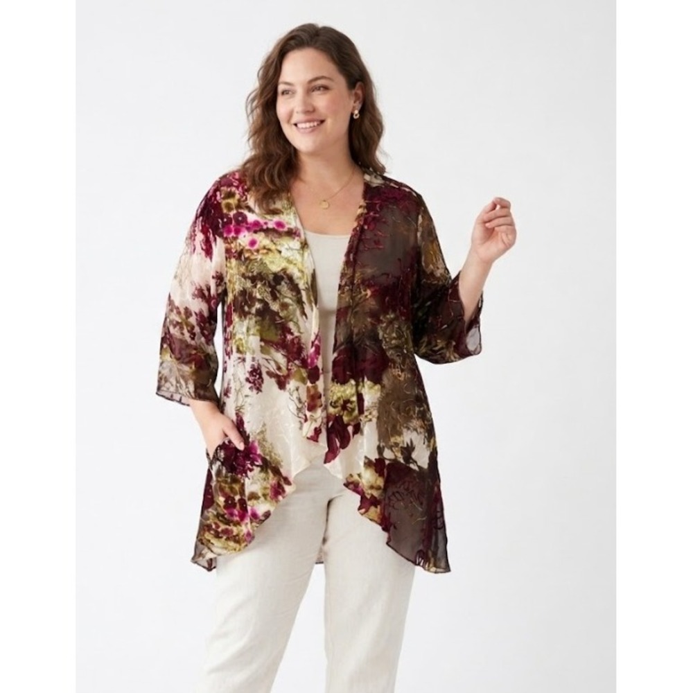 Anis.A size 1X Silk Blend Burnout Kimono‎ Artsy Floral Open Front Vacation